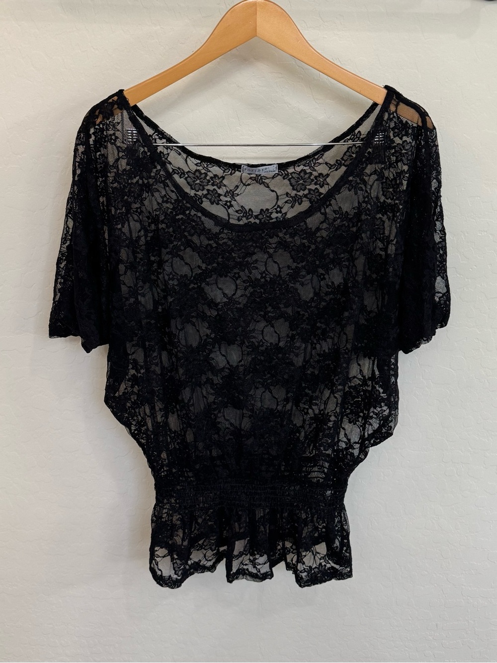Poetry Black Lace Peplum Blouse Sheer Batwing Short Sleeve Top Medium Goth Y2K
